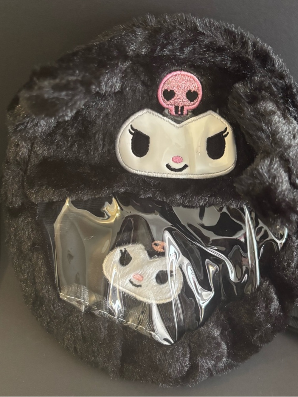 Kuromi-Inspired Black Plush Kids Backpack with Pink Skull Accent